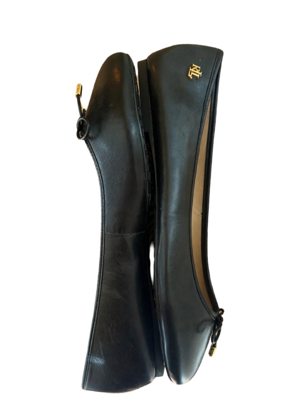 Lauren Ralph Lauren Black Leather Ballet Flats Gold Logo Size 9.5 - Picture 8 of 10